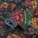 Blooming Roses Floral Pattern Wallpaper Black Orange Red Code 5806-6
