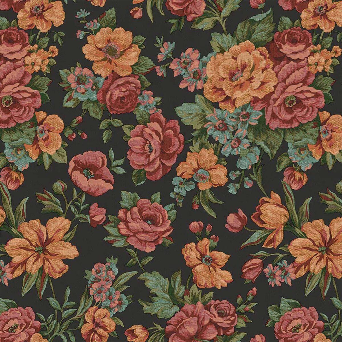 Blooming Roses Floral Pattern Wallpaper Black Orange Red Code 5806-6 - Image 5