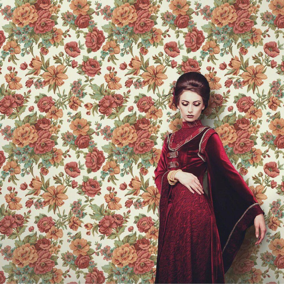 Blooming Roses Floral Pattern Wallpaper Cooper Orange Red Code 5806-5 - Image 2