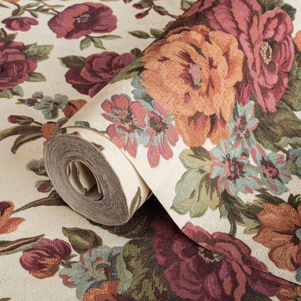 Blooming Roses Floral Pattern Wallpaper Cooper Orange Red Code 5806-5