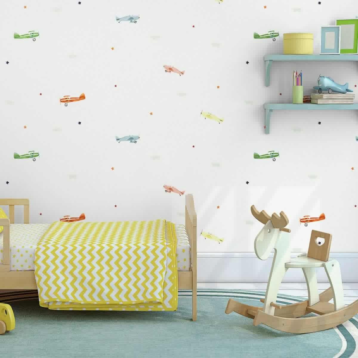 Wallpaper with Planes in the Sky, Stars and Clouds Colors Light, White Code 8907-1 - Image 1