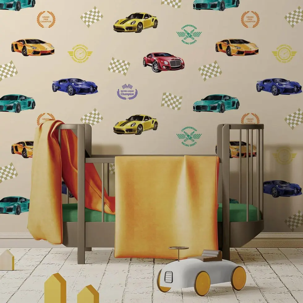 Racing Themed Wallpaper for Car and Speed Loving Kids Colors Light, Beige Code 8909-1